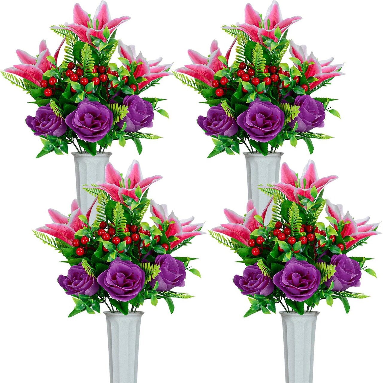 Set of 4 Artificial Cemetery Flowers – Pink & Purple Memorial Bouquets with Vases for Graveyard Decoration